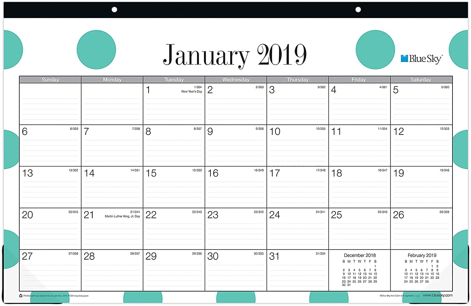 Blue Sky 2019-2020 Academic Year 105496-A20 Teachers Monthly Desk Pad Calendar Dots Ruled Blocks 22 x 17 