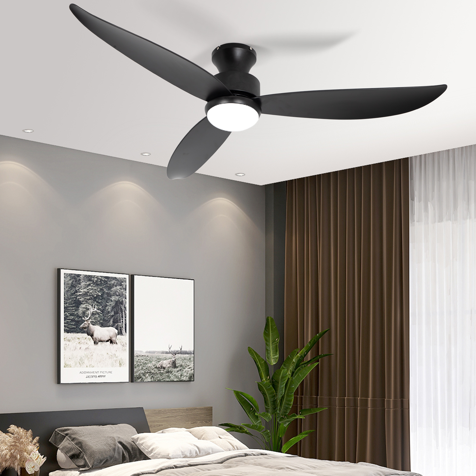 Wozzio Modern Black Ceiling Fan 52'' Modern Black Ceiling Fan - 3 Blades, 6 Speeds, With Light With Remote Control, Noiseless Reversible DC Motor, Indoor Outdoor, Flush Mount
