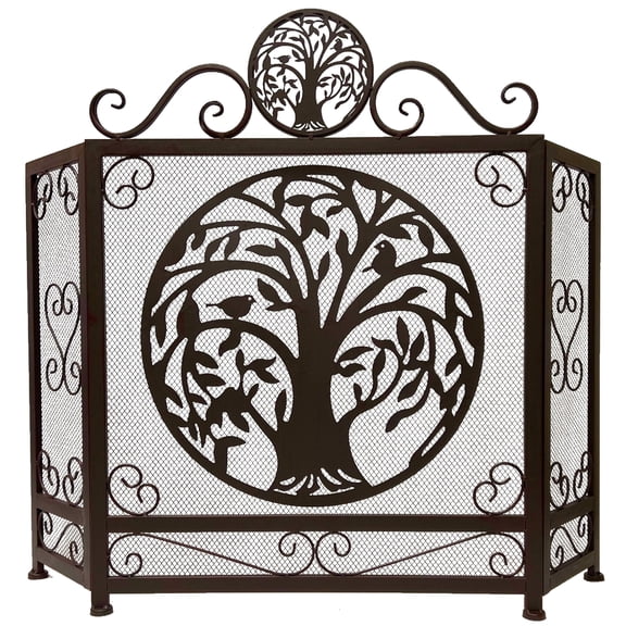 Decorative Tree of Life Metal 3 Panel Fireplace Screen Freestanding Vintage Mesh