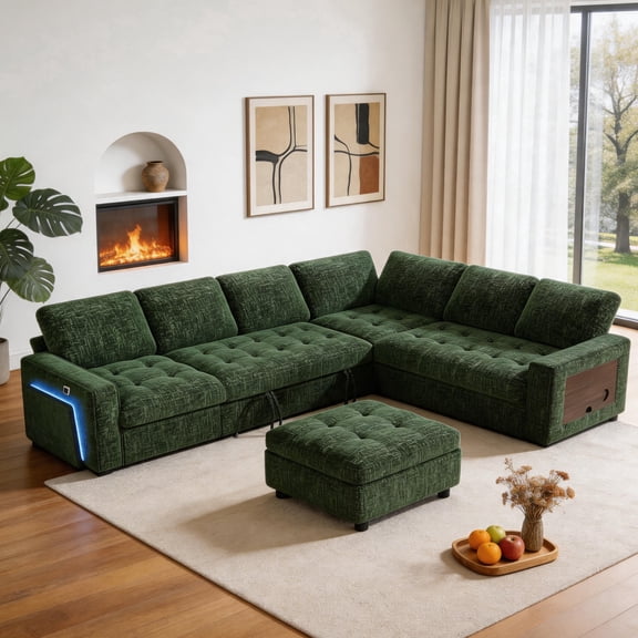 102" 7 Seat L Shaped Modular Sectional Sleeper Sofa Bed with Pull Out Bed/Reclining Backrest/USB Ports/Storage & Tufted Seat, Sectional Sleeper Couch, Tool-Free Assembly,Chenille Fabric Green