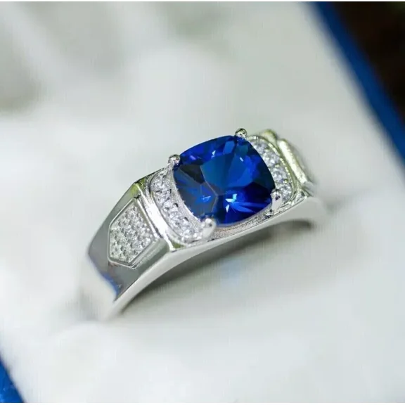 Cushion Cut Simulated Sapphire Men's Stunning Band Ring In 14K White Gold Plated