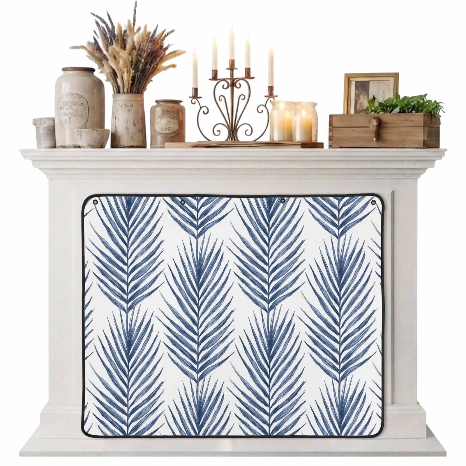 Magnetic Fireplace Cover Navy Blue Palm Leaves Fireplace Screen Tropical Ferns Nature Plant Insulation Fireplace Blocker Blanket Save Energy Fireplace Draft Stopper Covers for Living Room 39x32