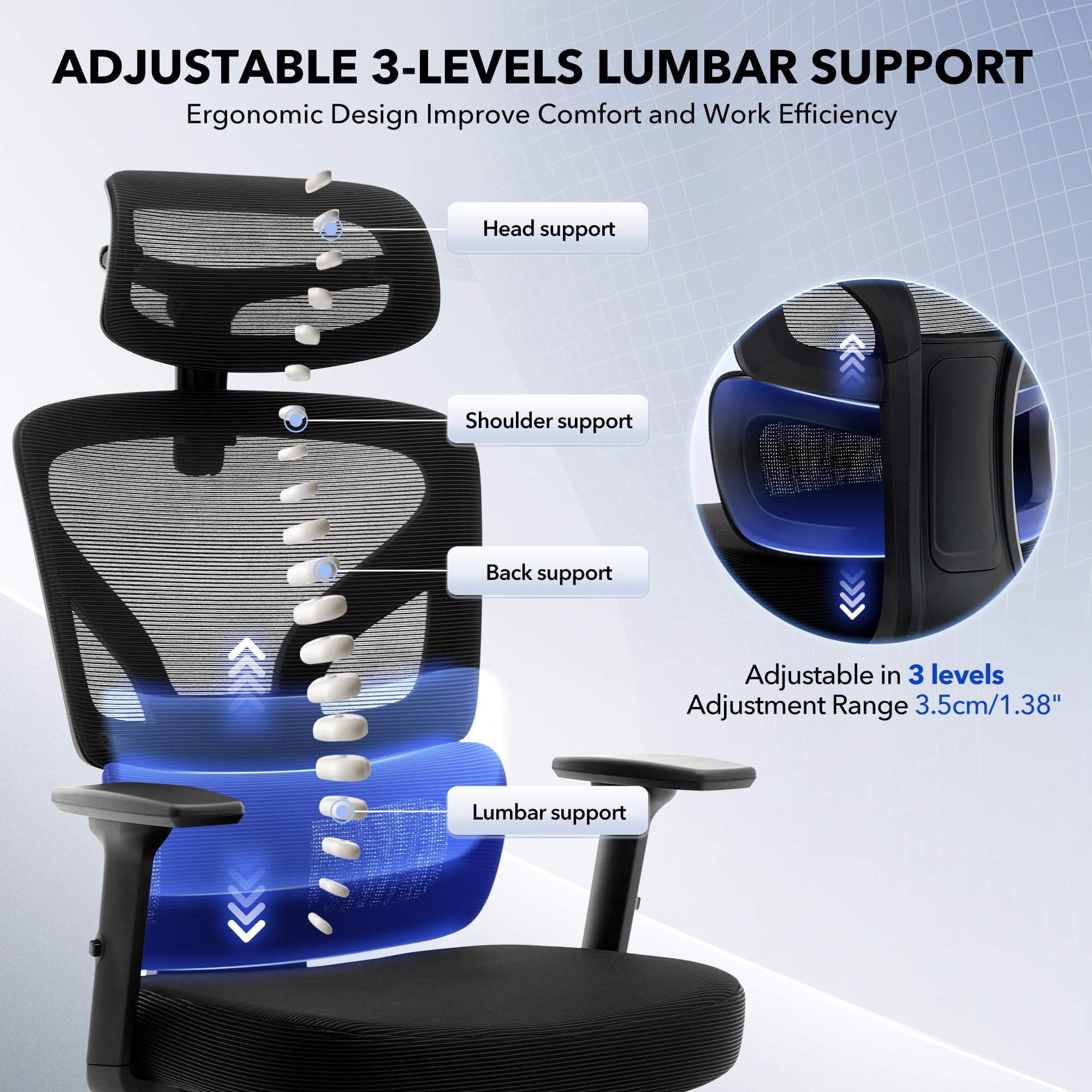 Ergonomic High-Back Mesh Office Chair – Adjustable Lumbar, 3D Armrests, Headrest & Recline – Breathable Swivel Desk Chair, Supports 300 lbs – Black Frame & Black, Sprayed Black