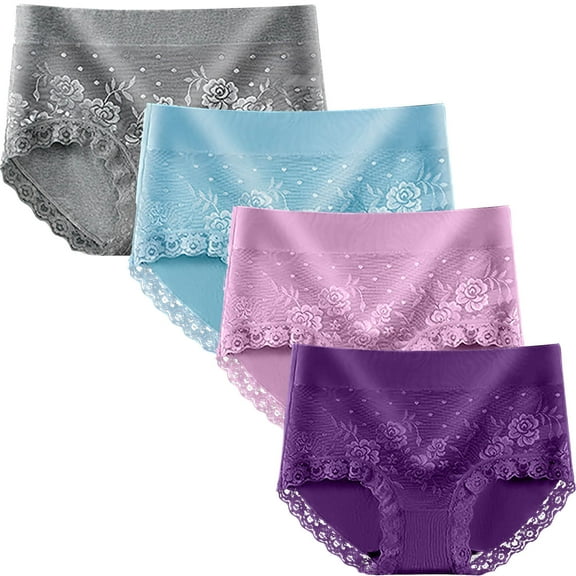 Summer Clearance Sale! Pitauce 4PC Plus Size Underwear for Women Solid Color High Waisted Soft Comfortable Cotton Underpants Lace Embroidery Breathable Stretch Panties