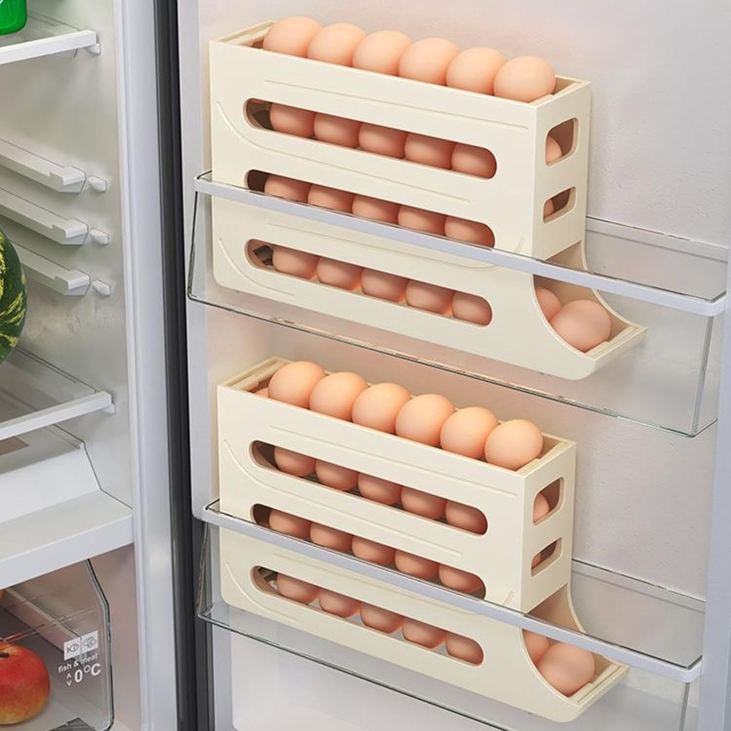 4 Tiers Egg Holder for Fridge,2024 New Automatic Scrolling Egg Rack Holder,Large Capacity Eggs Organizer Storage 30 Egg for Refrigerator Egg Storage (Transparent,1PCS)