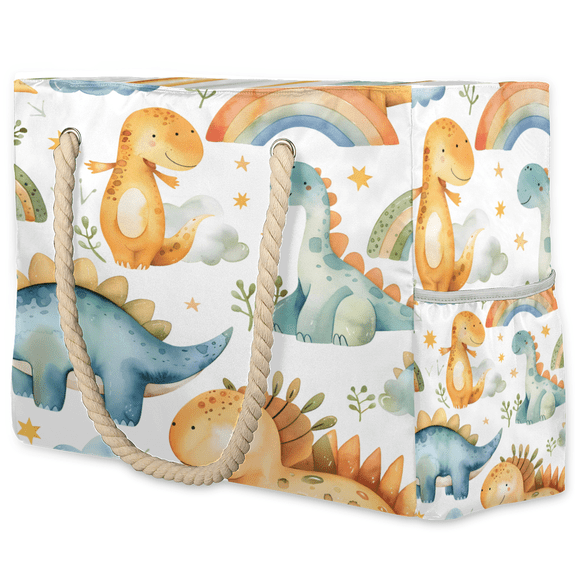 Herdesigns Rainbow Dinosaur Tote Beach Bag for Women Ladies Large Zipper Beach Bags Waterproof Sandproof Summer Gym Swim Pool Travel Bag