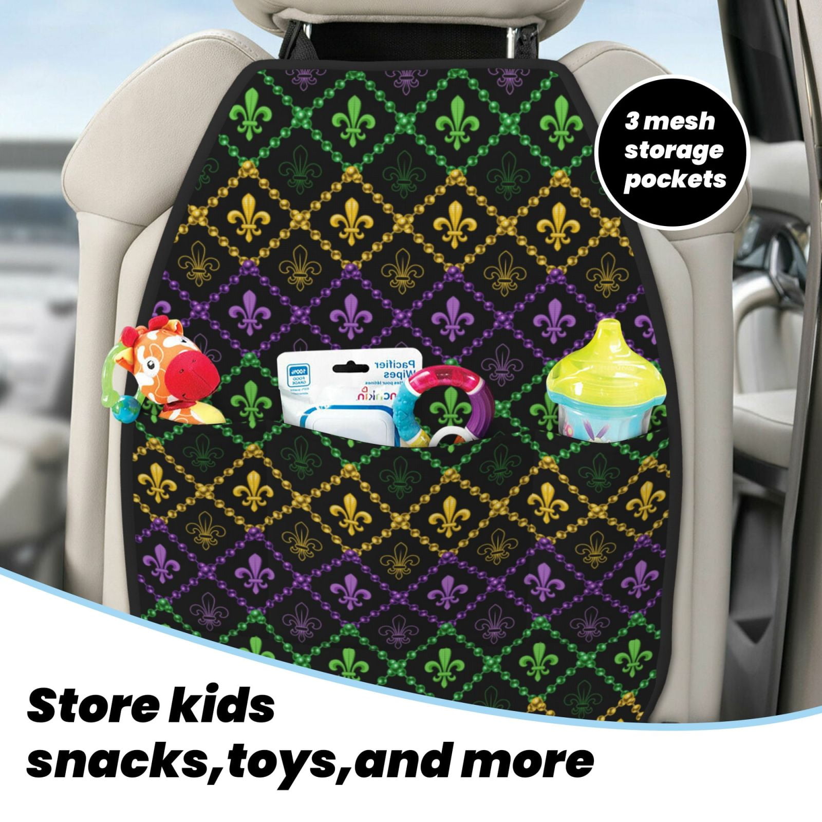 Xecao Mardi Gra Geometric Pattern Car Seat Back Protector 2 Pack Large Capacity Pocket, Kick Mats Back Seat Protector