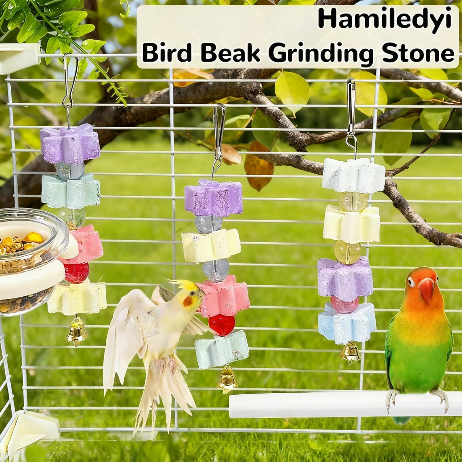 Parrot Beak Trimmer Calcium Stone Chinchilla Grinding Teeth Lava Block Bird Beak Trim Pumice Toy Mineral Rock Chewing Toys with Bell for Conure Budgies Parakeet Hamster Rabbit