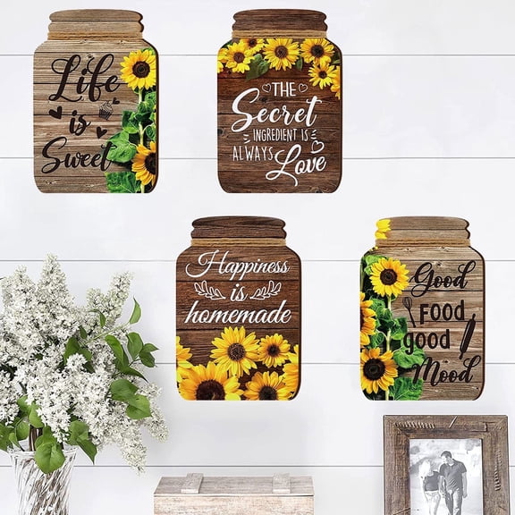 Hvxrjkn 4Pcs Mason Jar Wall Decor Wooden,Mason Jar Plaque Rustic Sunflower Wall Sign Inspirational Home Wall Hanging Decoration for Kitchen Farmhouse Bar Coffee