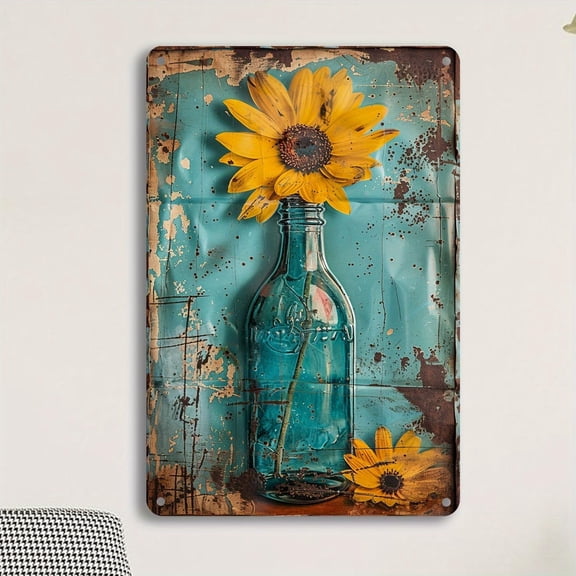 Vintage Tin Metal Sunflower Wall Art Sign, Rustic Summer Decor, 12 x 8 Inch
