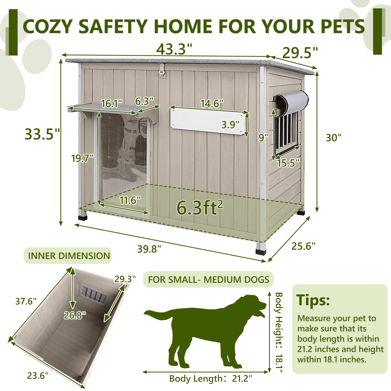 PETSCOSSET Outdoor Dog House Wooden Pet House - Openable Roof, Removable Floor - Gray