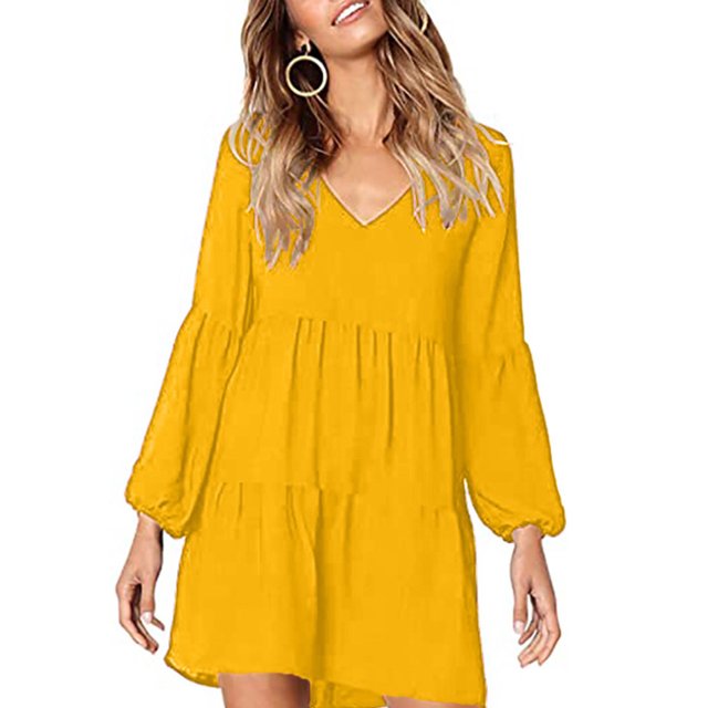 TheFound Robe Femme Couleur Unie Sexy Col en V Manches Longues Plissée une-Pièce