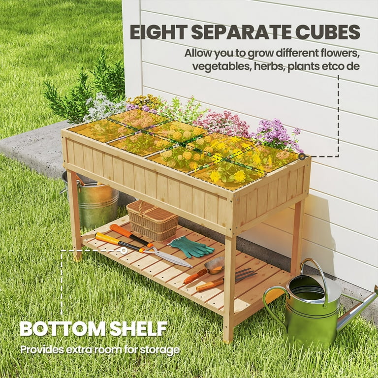 Outsunny Raised Garden Bed 43x18x30in, 8 Pockets, Shelf, Elevated