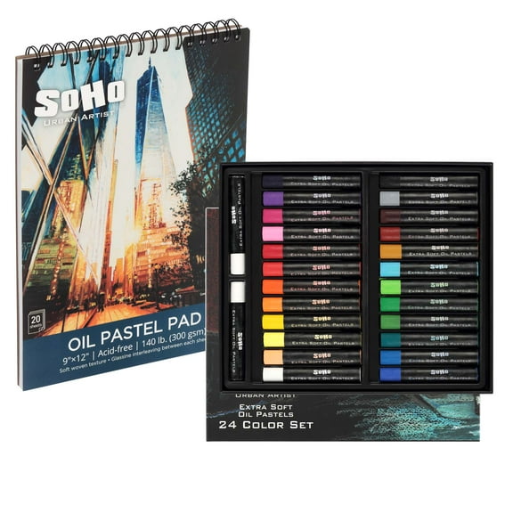 SoHo Urban Artist Extra Soft Oil Pastels Set of 24 & 9x12 Oil Pastel Pad Bundle – 20-Sheet Textured Paper for Blending, Layering & Drawing – Smooth, Pigmented Pastels & Acid-Free Sketchbook
