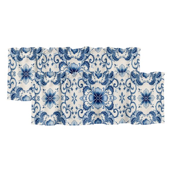 Symmetric Blue Flower Curtain Valances for Windows, Kitchen Valance Window Treatments Panel 2 Pack, Vintage Ethnic Floral Leaves Rod Pocket Short Curtains for Bathroom Bedroom 54 x 18 Inch