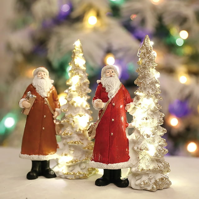 LED Light Up Christmas Tree with Santa Resin Standing Santa Claus Figure with Lighted Tree Figurine for Indoor Tabletop Holiday Decoration