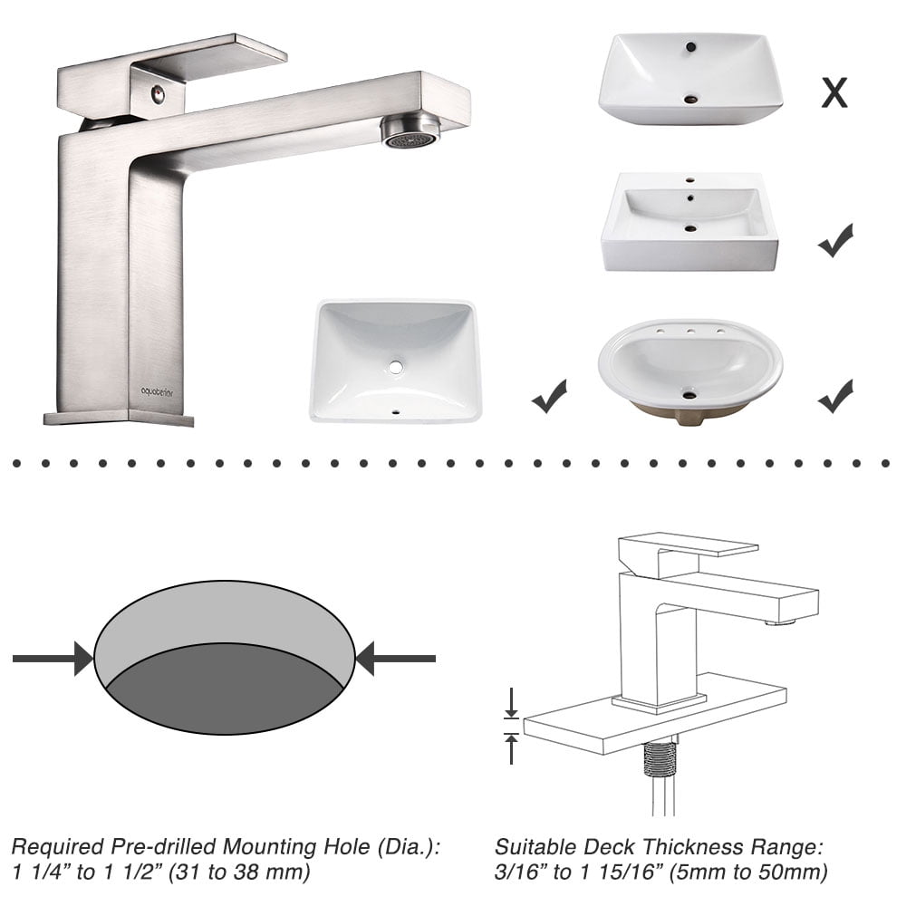 Aquaterior 1 Hole Bathroom Sink Faucet Square 1 Handle Cold & Hot Water Nickel 3.2 lbs