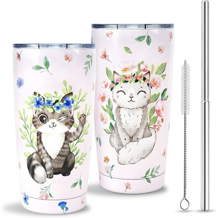 

Cat Tumbler with Lid and Straw Cute Cat Gifts for Cat Lovers Women Cat Mom Watercolor Floral Cat Cup Water Bottle Coffee Mug Stainless Steel Vacuum Insulated Tumblers 20 Oz Cat Stuff