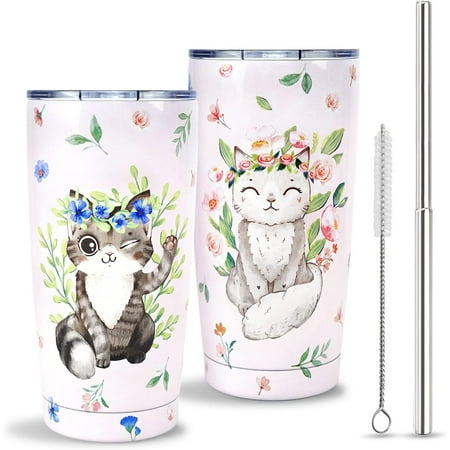 

Cat Tumbler with Lid and Straw Cute Cat Gifts for Cat Lovers Women Cat Mom Watercolor Floral Cat Cup Water Bottle Coffee Mug Stainless Steel Vacuum Insulated Tumblers 20 Oz Cat Stuff