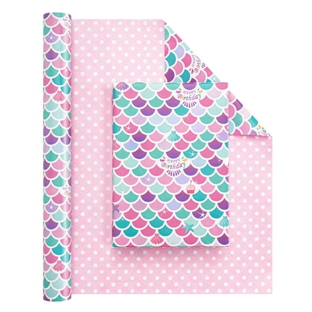 WERNNSAI Mermaid Wrapping PriNst Paper - 1 Roll 17” x Birthday Wrapping Paper Roll Junbo Roll Mermaid Birthday GiWrap Kids Mermaid Party Favor Happy Birthday Wrapping Paper Polka Dot Design