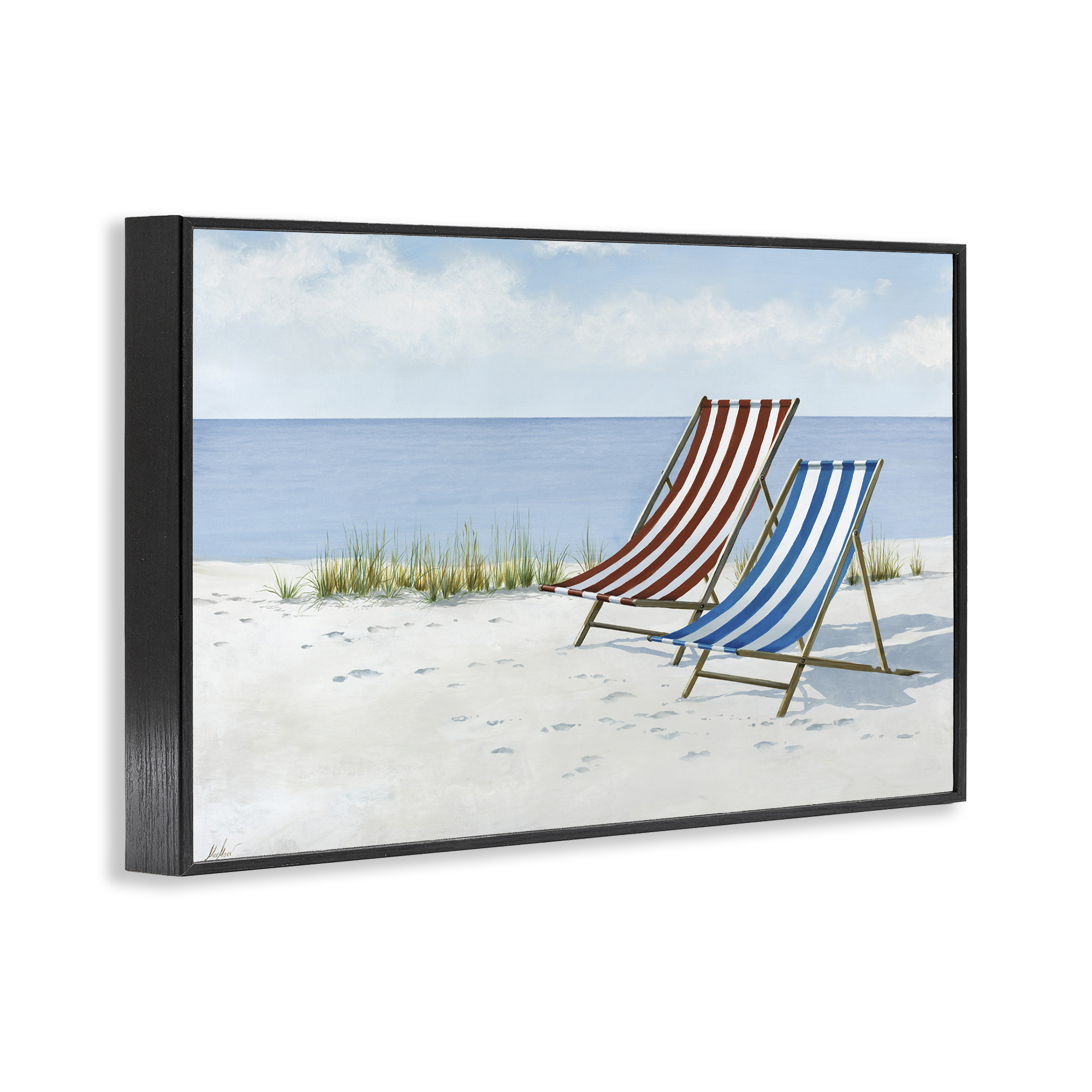 Stupell Industries Serene Beach Chairs Landscape Painting Black Framed Art Print Wall Art, 30 x 20