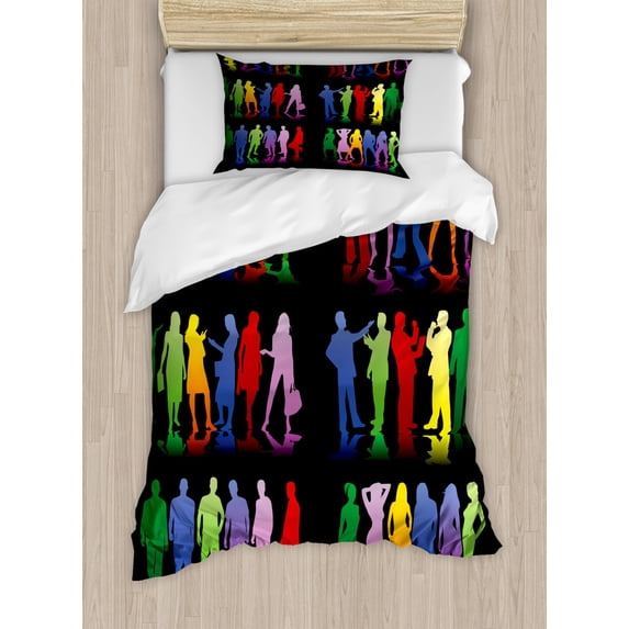 Science Party Duvet Cover Set Twin Size, Colorful People Silhouettes Designed in Various Style Art Print, Decorative 2 Piece Bedding Set with 1 Pillow Sham, Charcoal Grey Multicolor, by Ambesonne