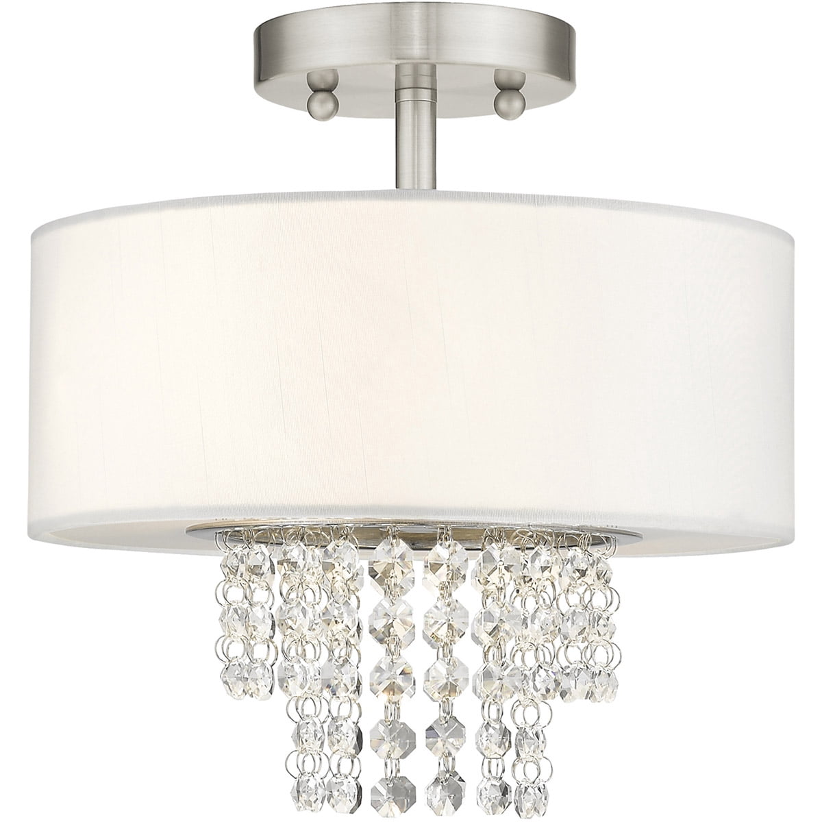 2 Light Brushed Nickel Ceiling Light fixture with Clear Crystals/ Hand Crafted Off-White Fabric Hardback Shade