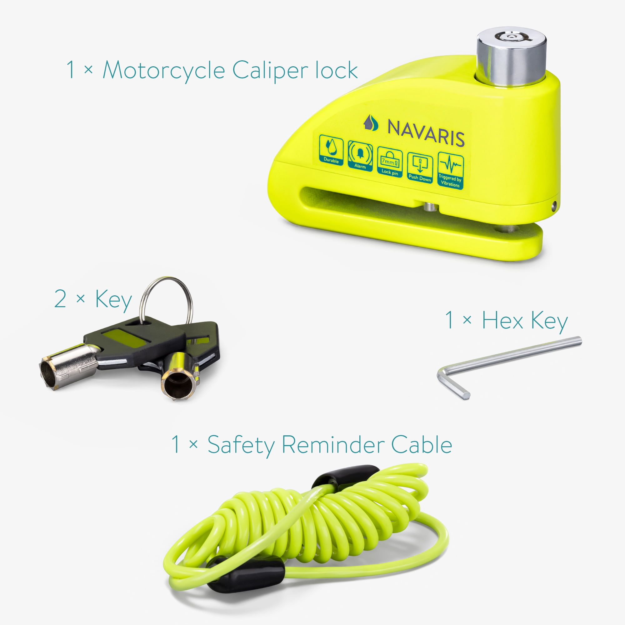 Navaris Motorcycle Disc Lock with Alarm - 110dB Anti-Theft Brake Wheel Caliper Lock with 4FT Reminder Cable for Motor Bike, Scooter, Moped - Green