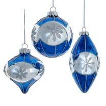 Kurt Adler 80MM Glass Blue Snowflake Ball, Onion and Teardrop Shaped Ornaments, 3-Piece Set