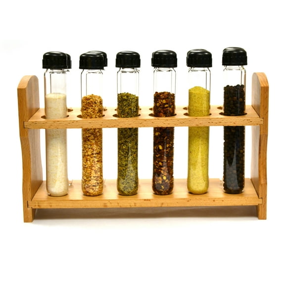 Hand Made Test Tube Spice Rack, Wooden Rack with 12 Borosilicate Glass Test Tubes (6" long, 1" dia.) with Caps and Funnel