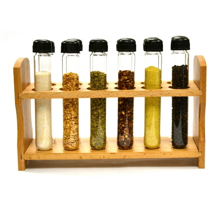 Hand Made Test Tube Spice Rack, Wooden Rack with 12 Borosilicate Glass Test Tubes (6
