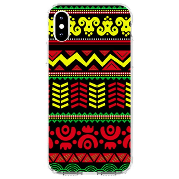 DistinctInk Clear Shockproof Hybrid Case for iPhone X / XS (5.8" Screen) - TPU Bumper, Acrylic Back, Tempered Glass Screen Protector - Black Yellow Red Aztec Tribal