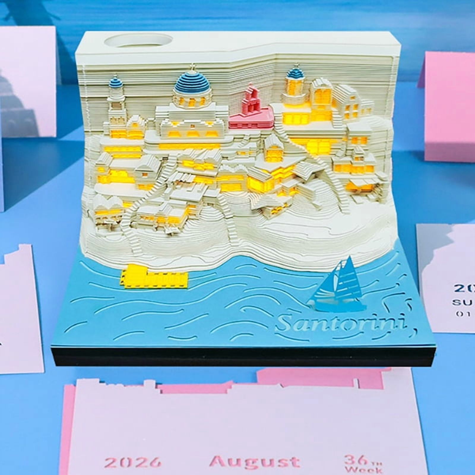 Time Piece Calendar 2026 Desk Calendar With LED Light 3D Tear-away Calendar Paper Carving Art Pad Notepad Gift Christmas