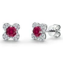 Gem Stone King 10K White Gold Red Created Ruby and White Lab Grown Diamond Stud Earrings for Women | 0.62 Cttw | Gemstone July Birthstone | Round 4MM