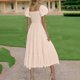 thumbnail image 4 of Vestido de Manga Larga Maxi para las Mujeres Caída Sólido Plisado, Sexy Manga Corta Elástica Cintura Boho Bolsillos, 4 of 9