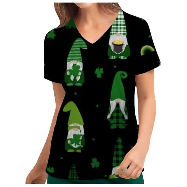 Uniforme de trabajo de enfermería con cuello en V y manga corta con estampado del Día de San Patricio para mujer a la moda Pompotops hkajfhjk460150