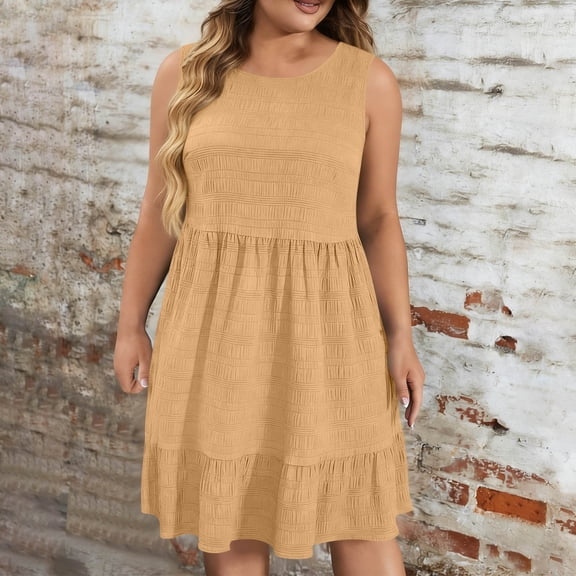 Uootdi Casual Dresses for Women Sleeveless Crewneck Textured Tiered Loose Dress Lightweight Flowy Top Casual Dress Gift