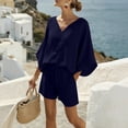 thumbnail image 2 of Abomasnow Women's Two Piece Sets Batwing Long Sleeve V-Neck Shirts Elastic High Waist Drawstring Short Pants Casual Summer Beach Vacation Lounge Sets with Pockets, 2 of 8