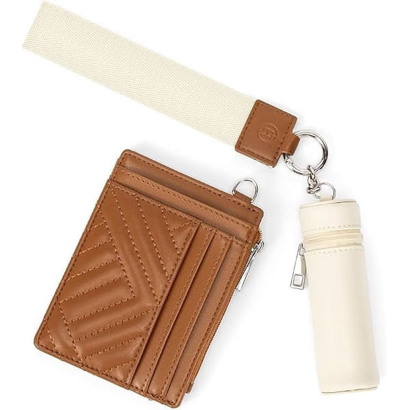 ZLC Keychain Wallet RFID Leather Credit Card Holder Wristlet Wallets for Women with Coin Purse ＆ Lipstick Case Beige＆Brown