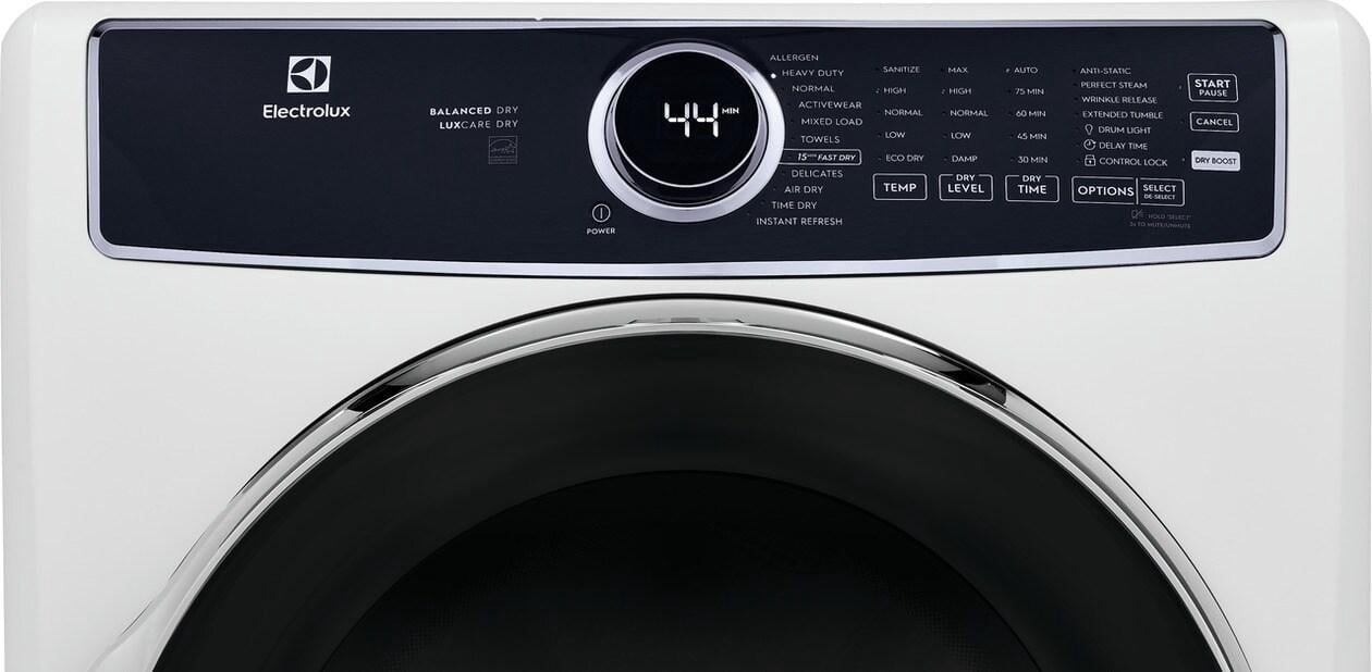 ELFE7637AW 27" Electric Front Load Dryer with 8 cu. ft. Capacity Balanced Dry Perfect Steam Option ENERGY STAR Certified and Luxury-Design Lighting in White