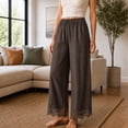 thumbnail image 5 of Wrongduck Women's Lace Trim Wide Leg Pants, Cropped Palazzo Trousers with Drawstring Elastic Waist and Pockets, Lightweight Summer Casual Lounge Pants, 5 of 7