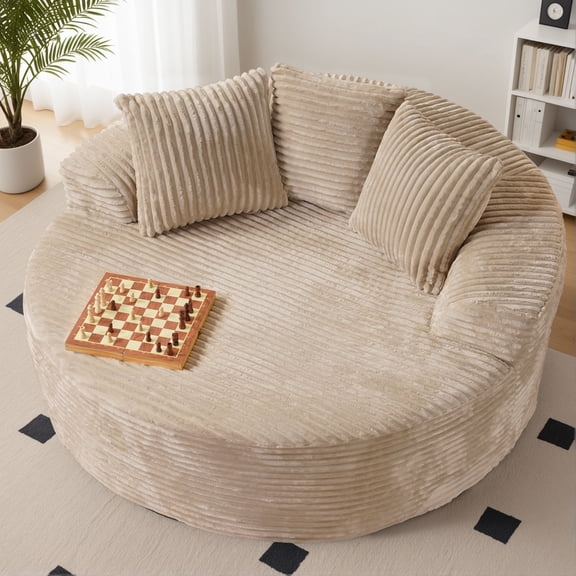 ODELIO 58" Oversized Round Chaise Lounge Chair, Plush Corduroy Boneless Deep Seat, Indoor Circle Floor Sofa Chair, Modern Cloud Lounge Chair for Living Room & Bedroom, No Assembly Required, Beige