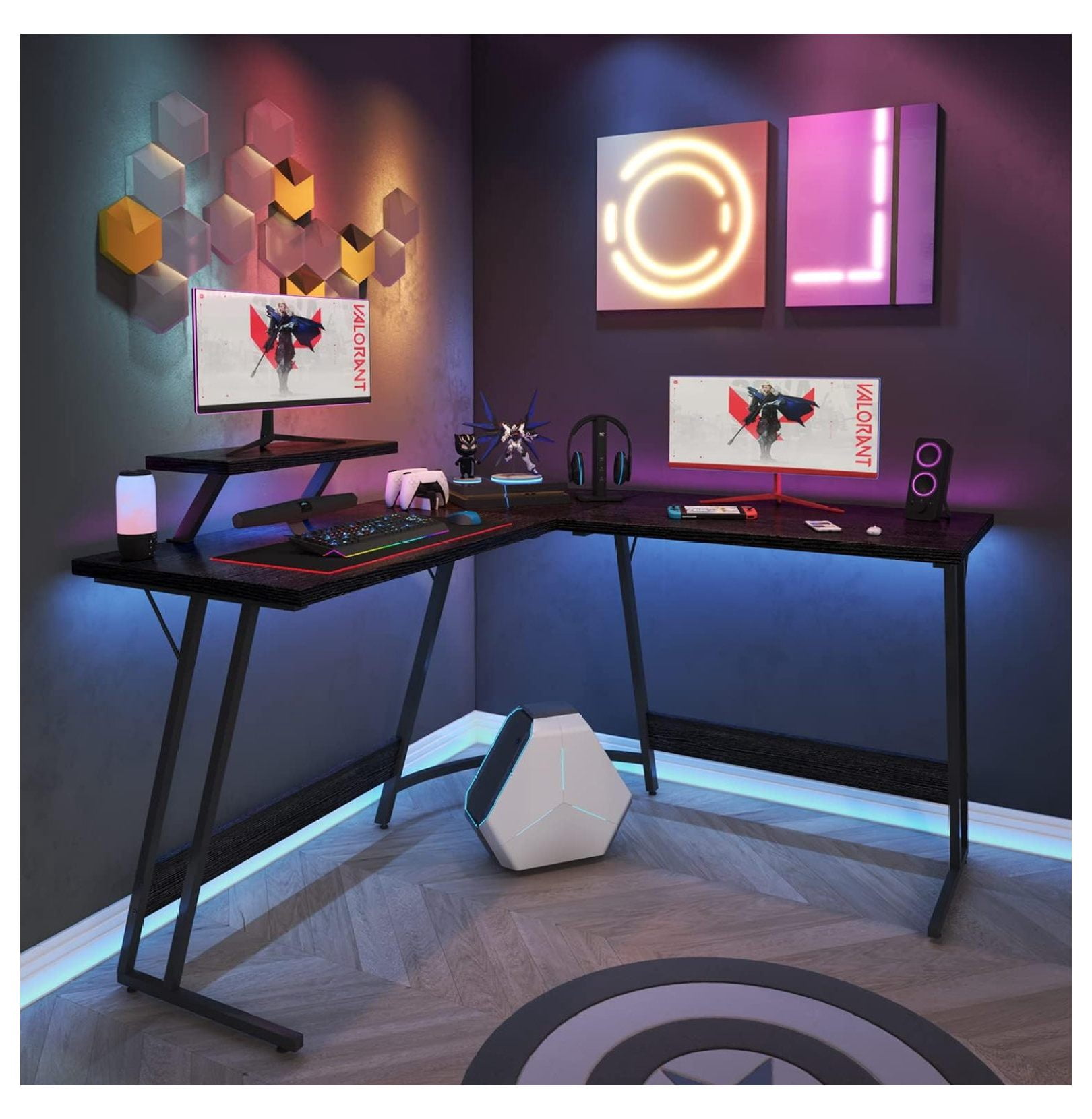 SONGMY L Shaped Gaming Desk Computer Corner Desk PC Gaming Desk Table with Large Monitor Riser Stand for Home Office Sturdy Writing Workstation (Classical Black, 51 Inch)