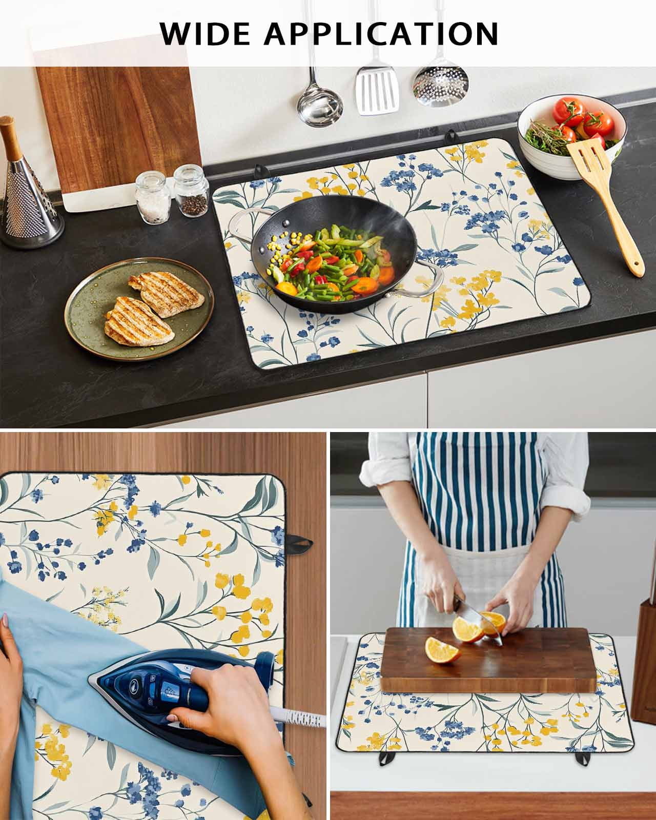 nqOlkjepod Large Induction Cooktop Protector Mat 24"x21", Yellow Blue Flowers Stove Top Covers for Electric Stove, Watercolor Botanical Floral Plants Stove Burner Cover Mats, Glass Top Stove Cover