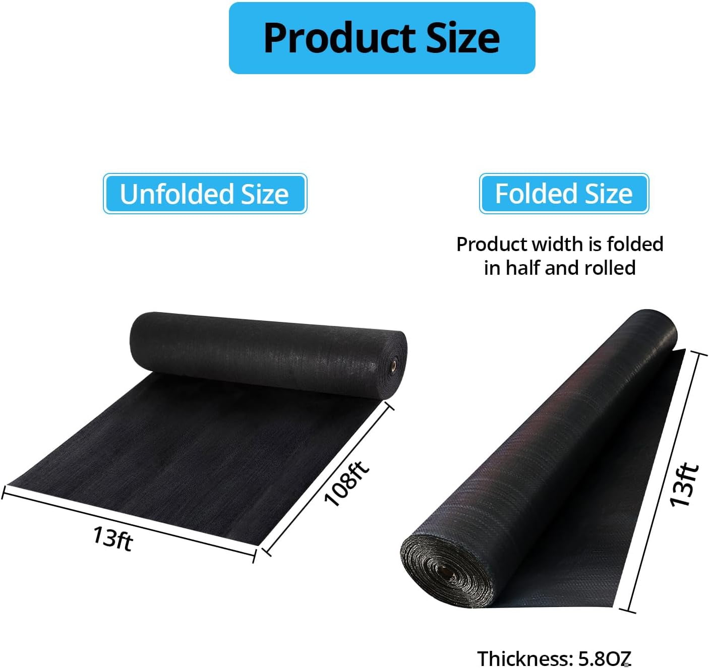 Acekid 13X108 FT Driveway Fabric 5.8OZ, Heavy Duty Commercial Grade Weed Barrier Geotextile, Black