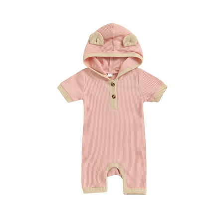 

aturustex Summer Newborn Baby Boys Girls Outfit Ribbed Short Sleeve Hooded Romper Bodysuit Jumpsuit Outfit (0-12 Months)