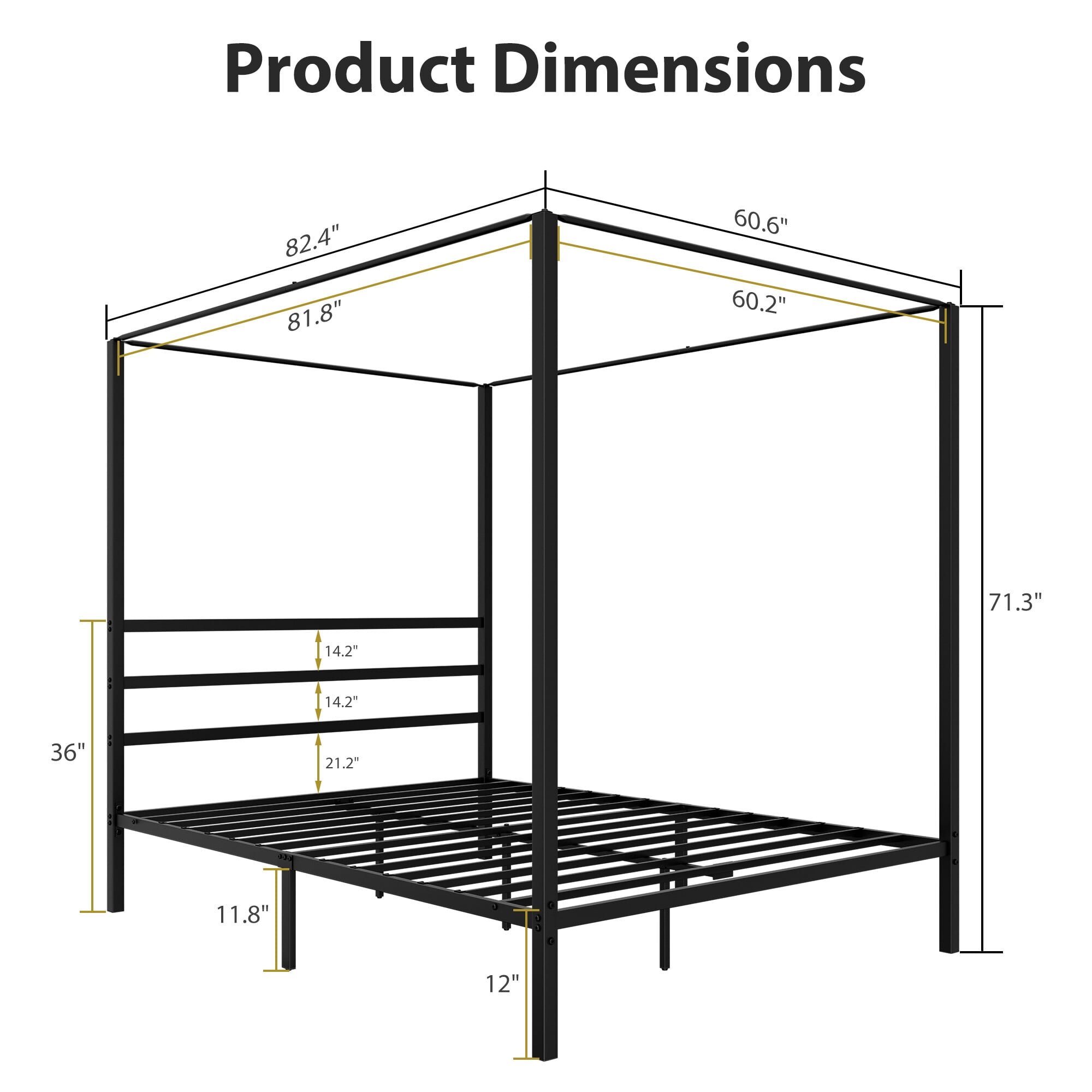 ZENY 14 Inch Platform Built-in Headboard Sturdy Metal Frame Canopy Bed Frame with Four Posters, Black Queen Size