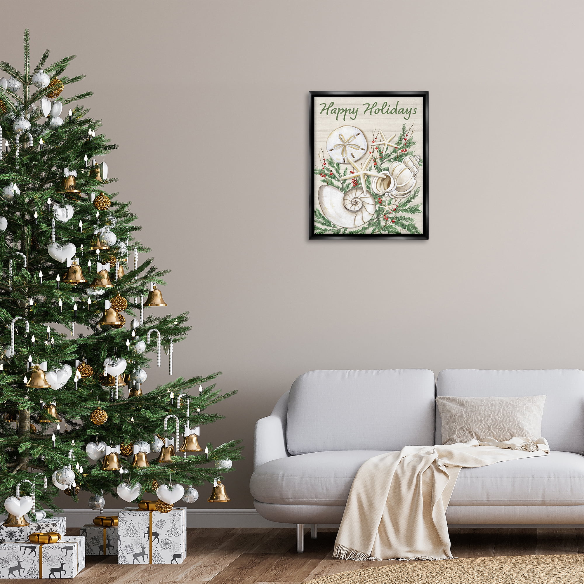 Stupell Industries Holiday Seashells & Holly Holiday Painting Black Floater Framed Canvas Art Print Wall Art, 25 x 31