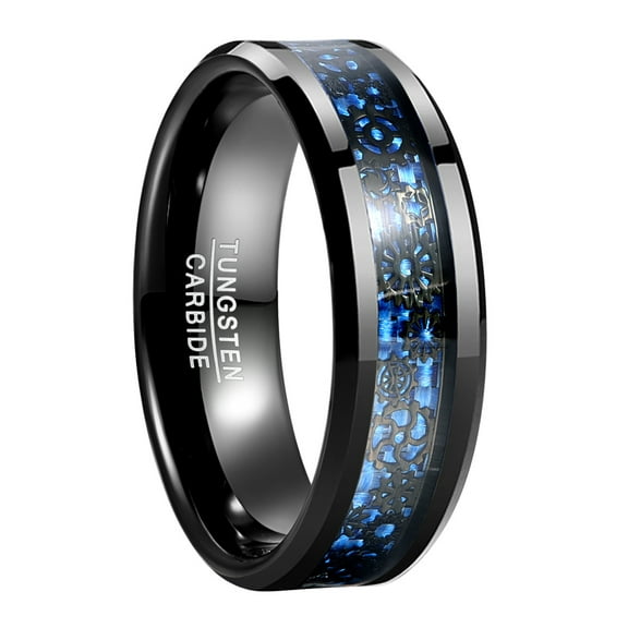 8mm Mens Black Blue Wedding Ring Bands Carbon Fiber and Gear Pattern Inlay Tungsten Rings Beveled Edges