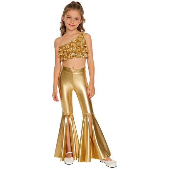 Sholeno Kids Girls Jazz Hip Hop Dance Outfits Sparkly Sequin Crop Top with Metallic Flared Pants Disco Party Wear Gold 8